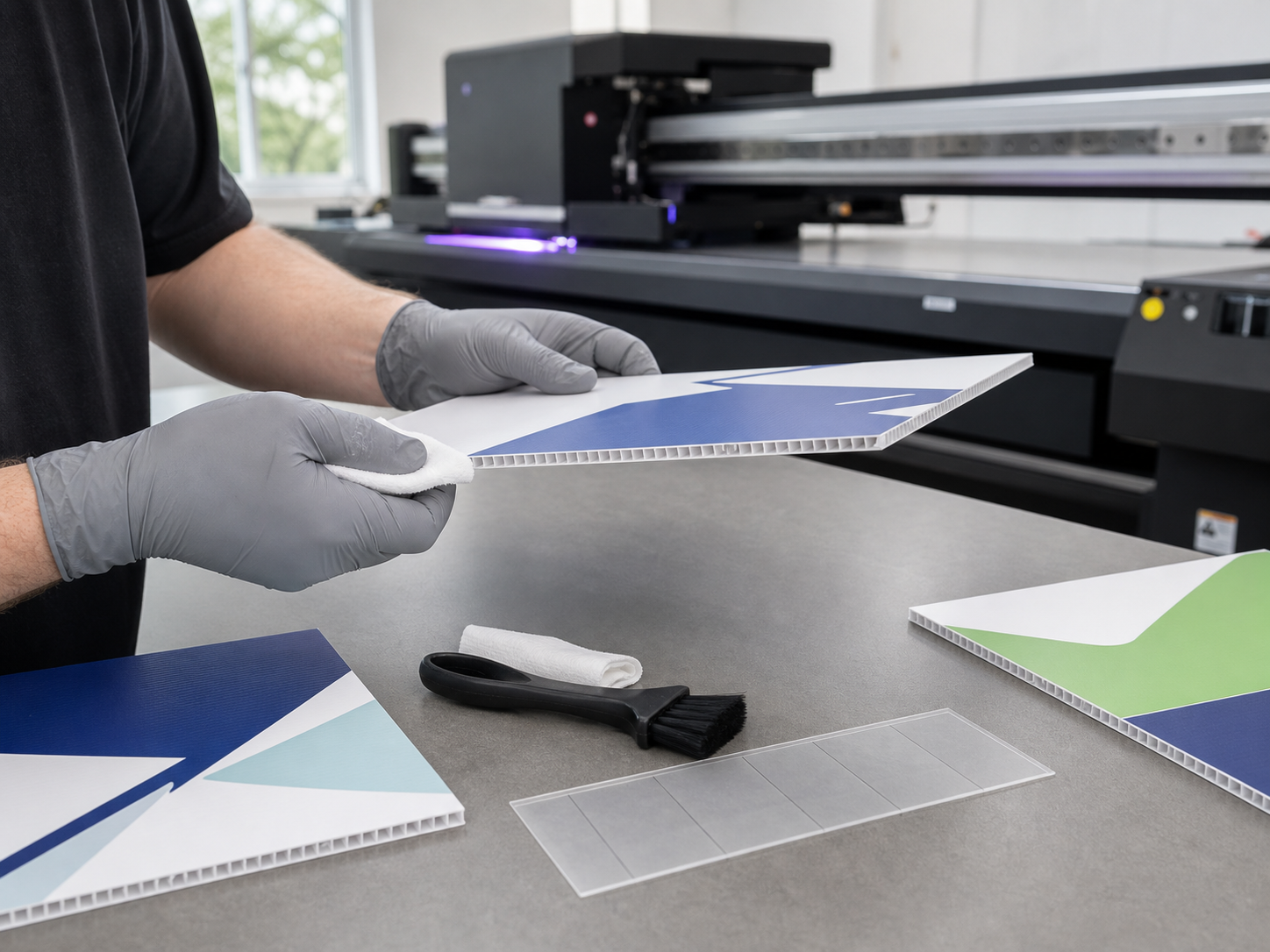 Technician cleaning and inspecting the fluted edge of a corrugated plastic sign sample