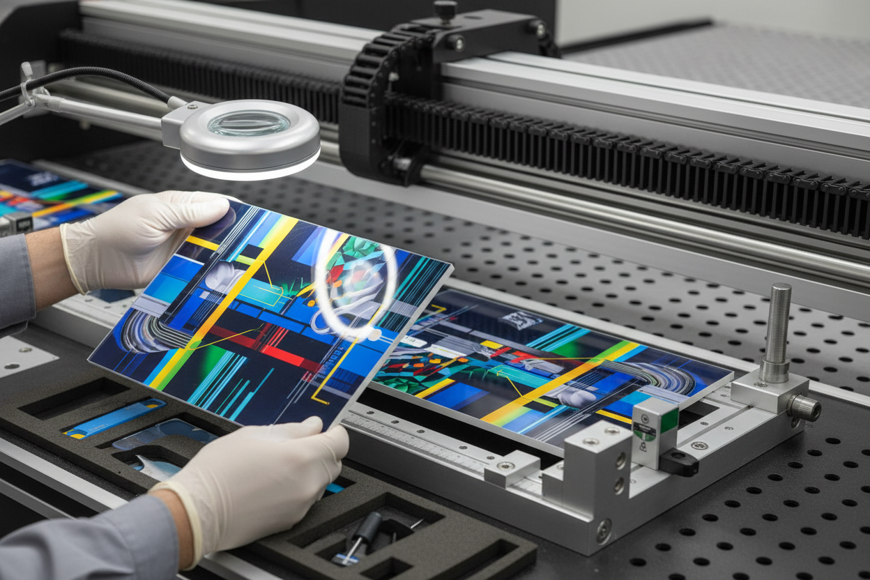 Quality inspection of a UV-printed industrial control panel in a precision flatbed fixture