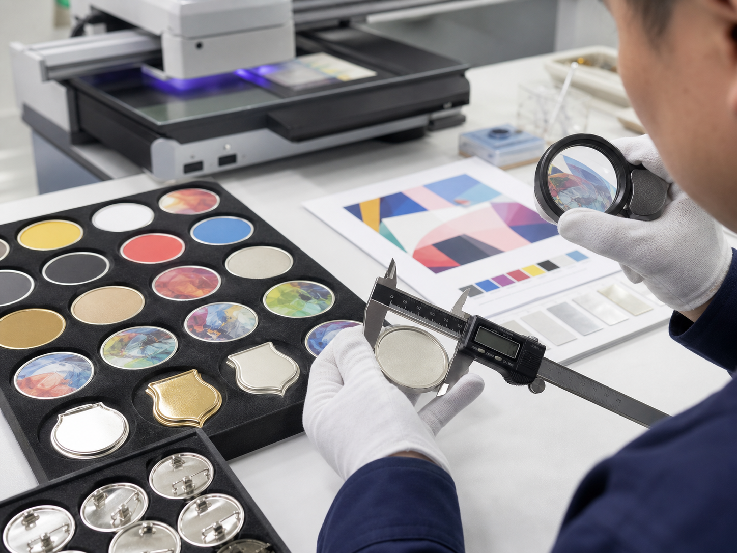 Technician inspecting medal, token and button samples for UV printing