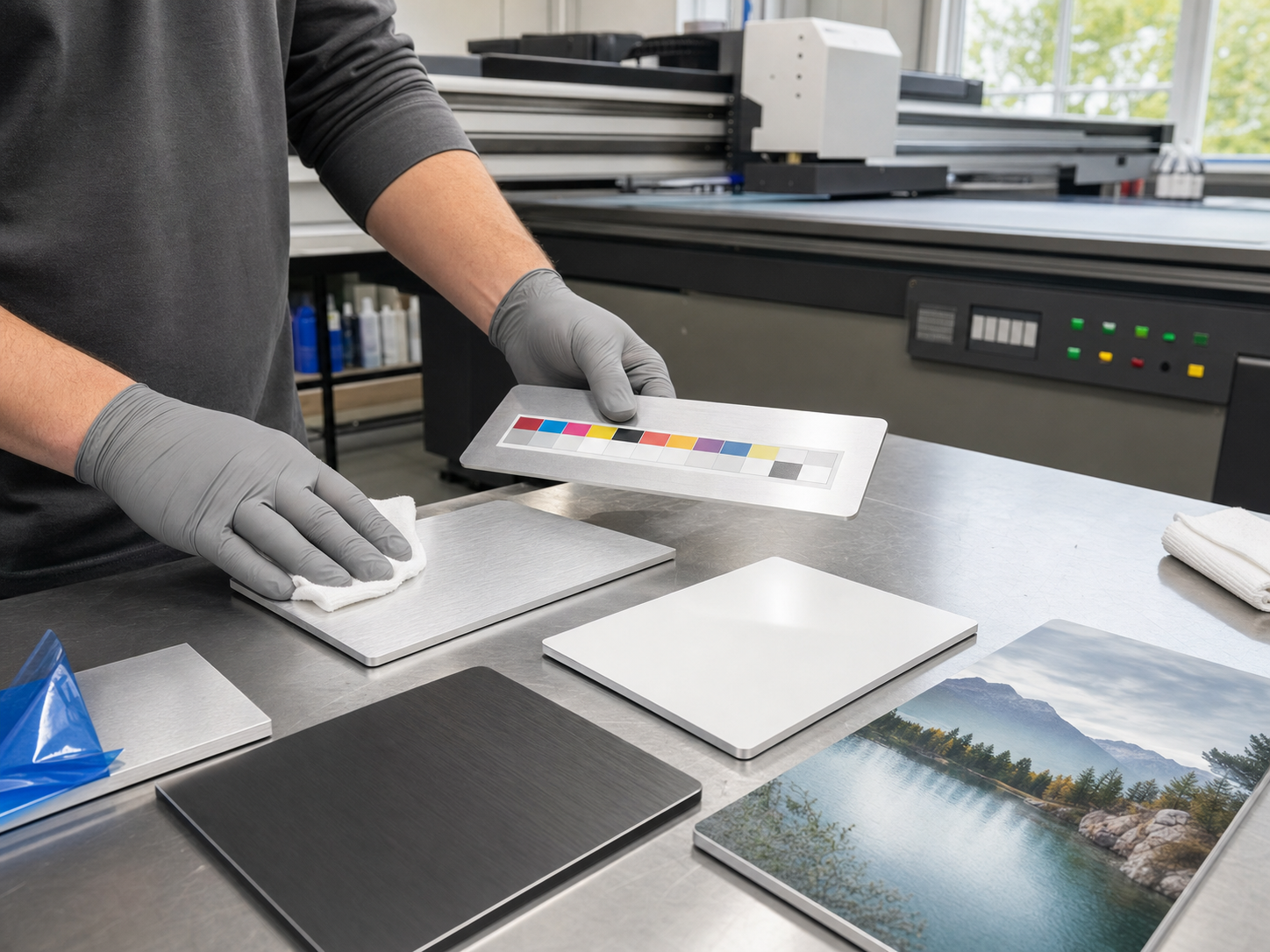 Technician preparing coated metal and aluminum samples for UV printing tests