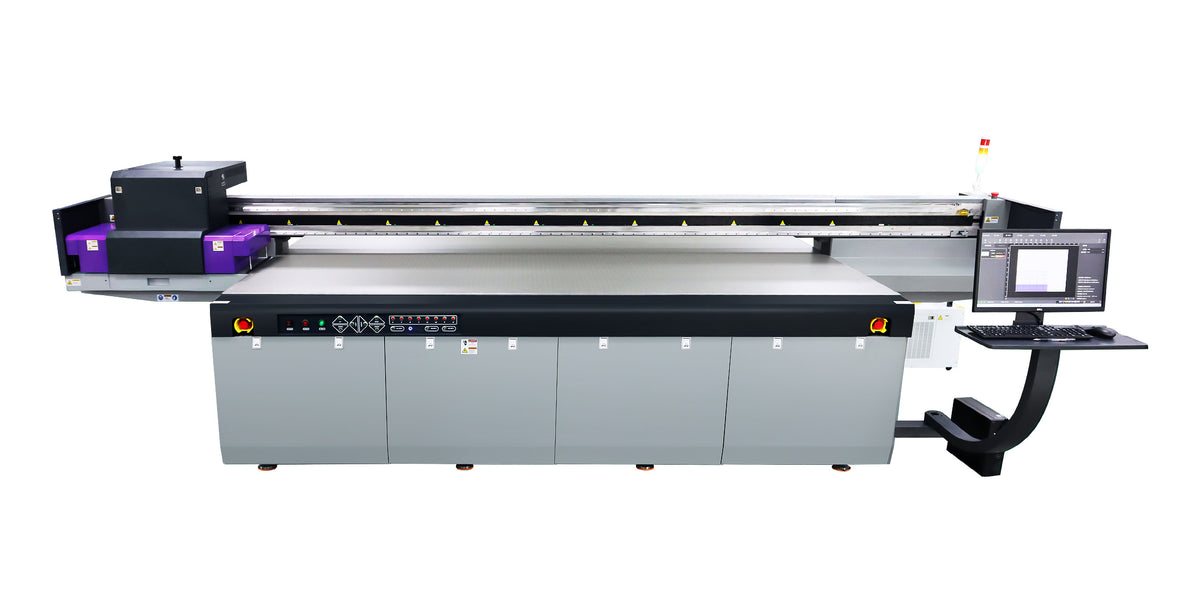 Andresjet AJ3220EX UV flatbed printer shown with its 3200 mm by 2000 mm platform