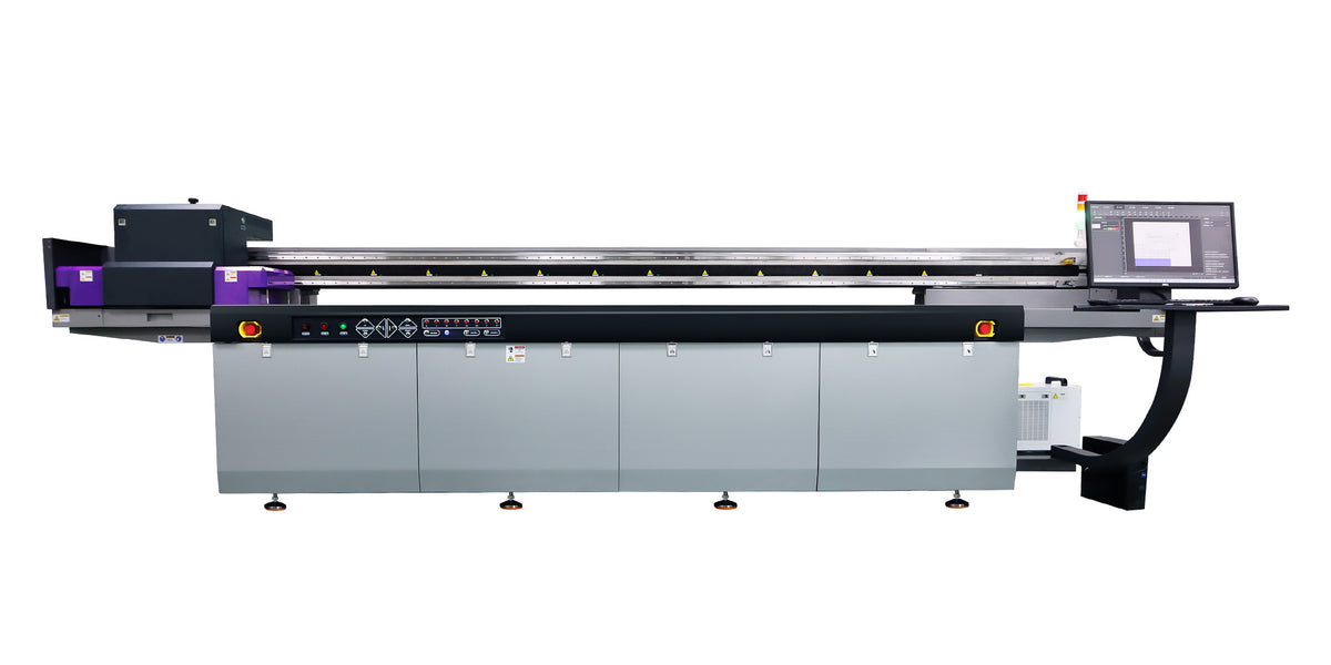 Wide-format AJ3220G/R UV flatbed printer set up for nested cabinet panel production