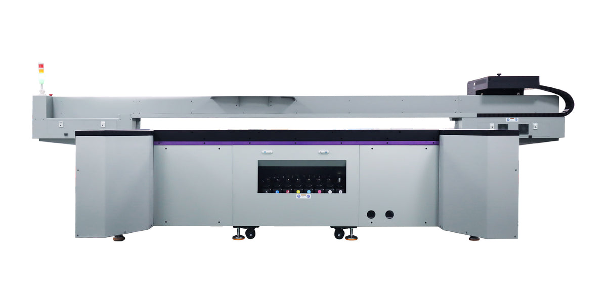 Wide-format UV flatbed printer producing large printed menu and signage panels