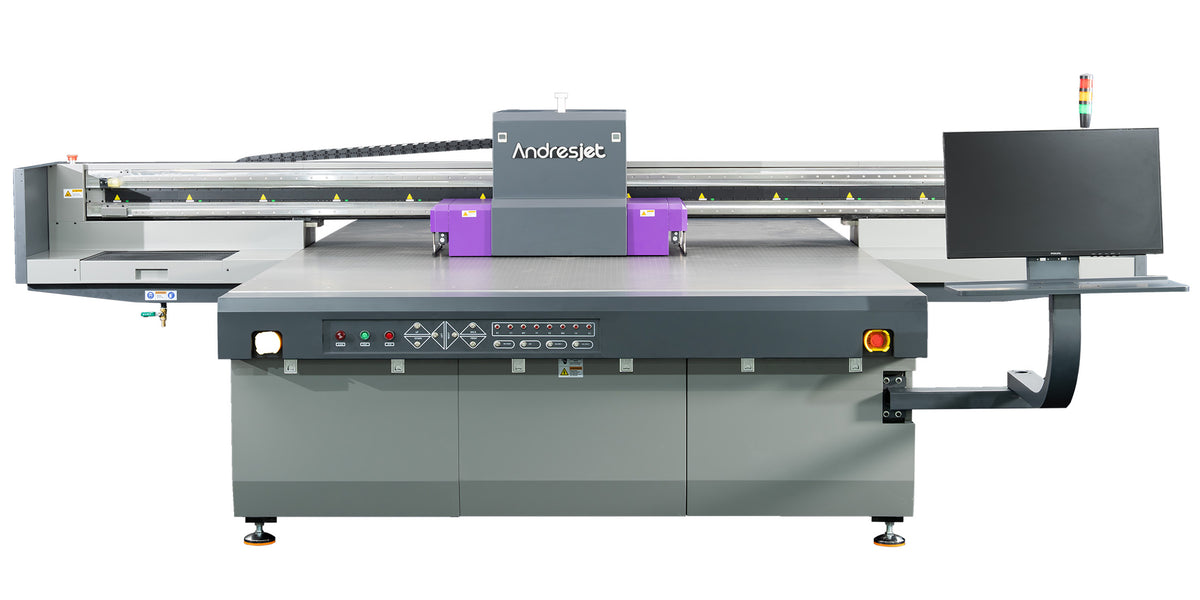 Front view of an Andresjet AJ2130 series UV flatbed printer assembled on a hard-anodised aluminium platform