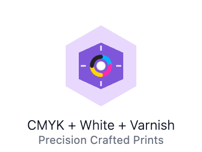 Ink channel configuration graphic showing CMYK with white and varnish layers