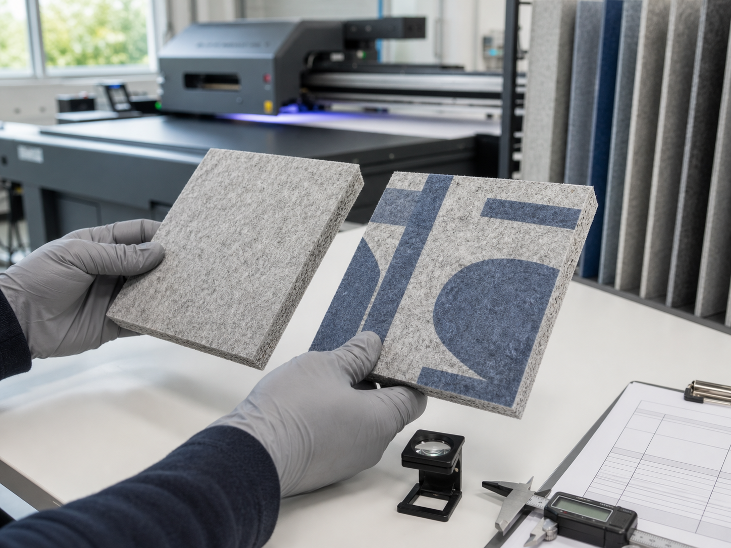 Technician comparing printed and unprinted porous PET felt acoustic-panel samples