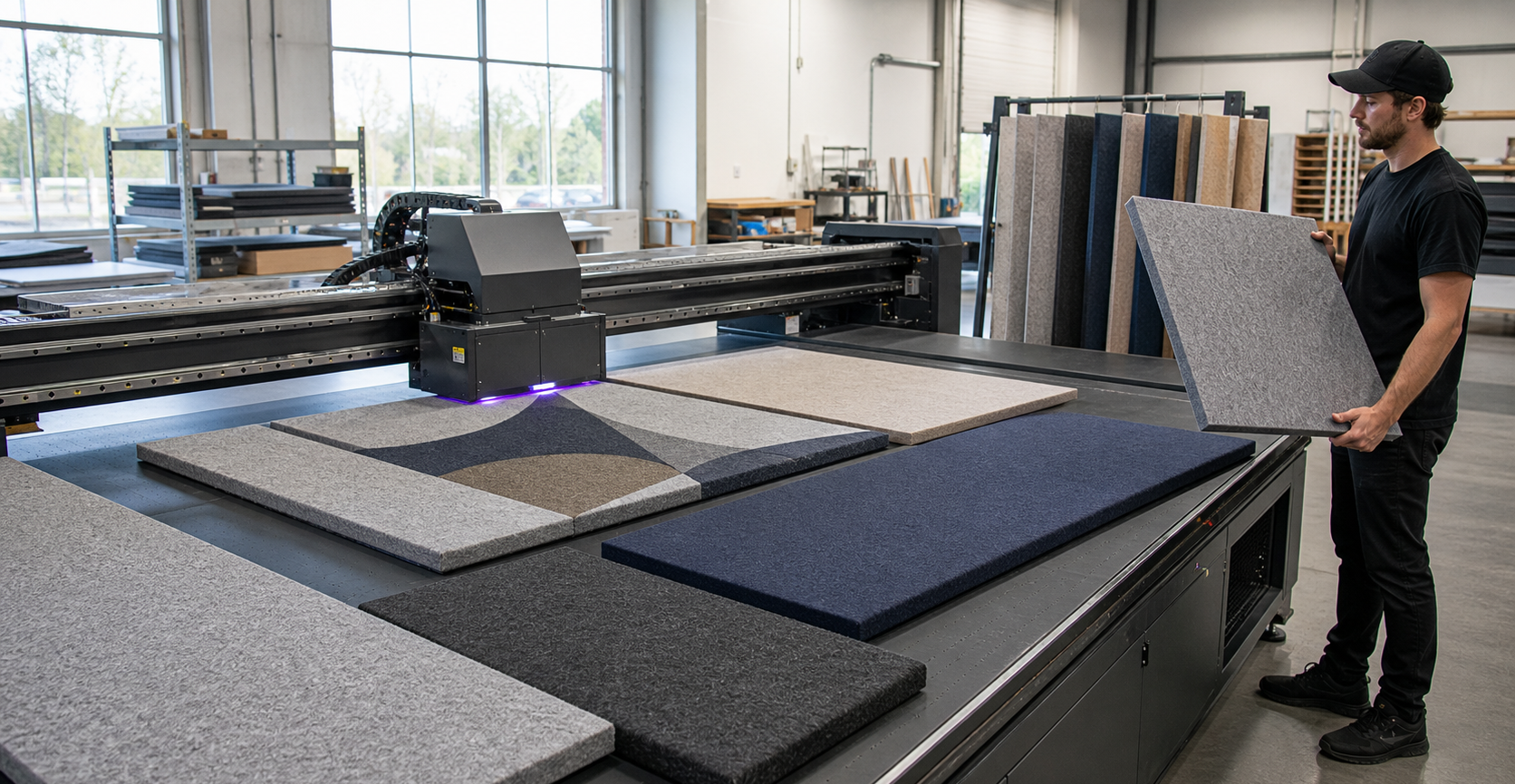 Wide-format UV flatbed printer producing flat PET felt acoustic panels in a bright workshop