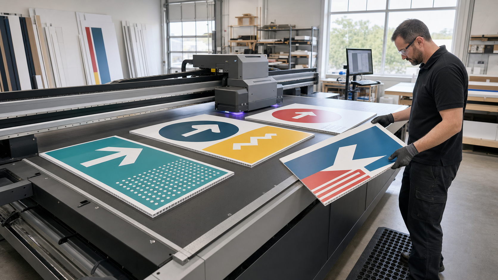 Wide-format UV flatbed printer producing corrugated plastic sign panels in a sign workshop