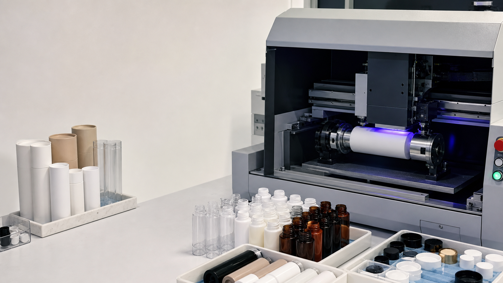 Technician measuring and approving cosmetic bottle samples for UV printing