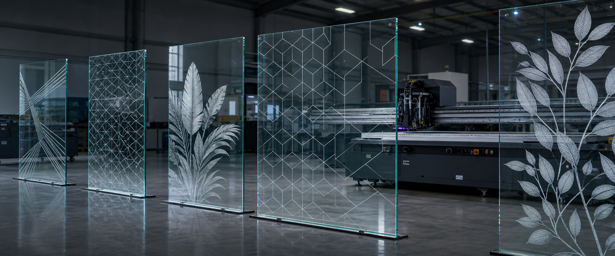 Wide-format UV flatbed printer producing decorative glass panels in a production environment