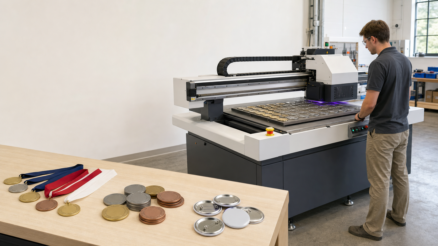 Compact UV flatbed printer producing medals, tokens and button badges