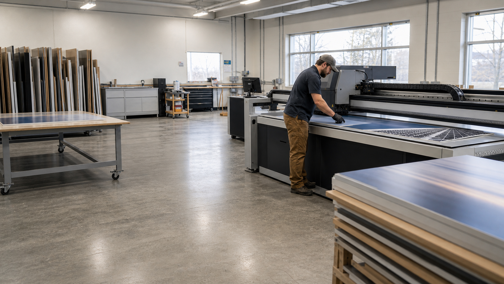 Wide-format UV flatbed printer processing coated aluminum panels in a production workshop