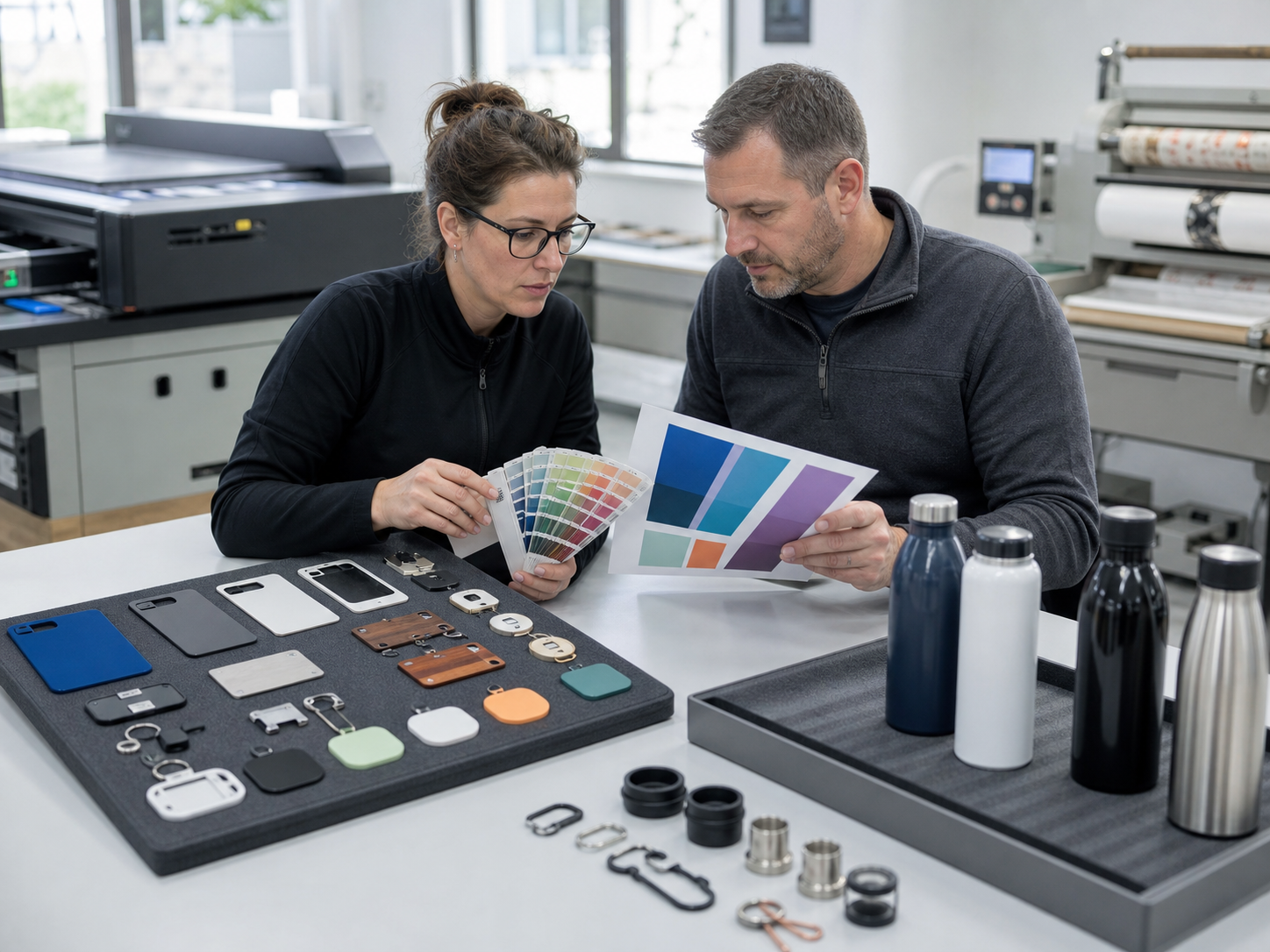 Technicians approving flat and cylindrical promotional product samples