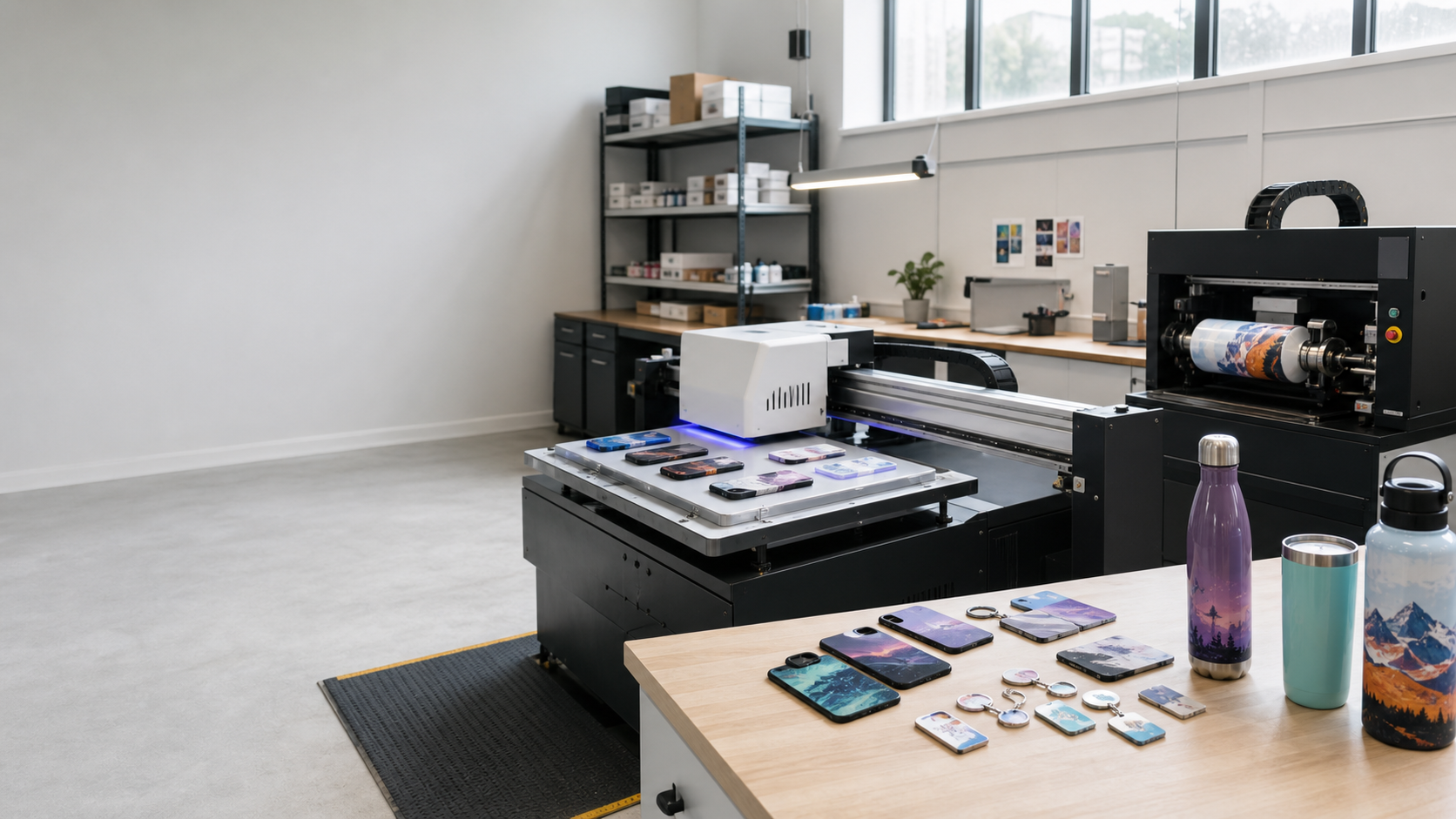 UV printers for flat and cylindrical promotional products in a production workshop