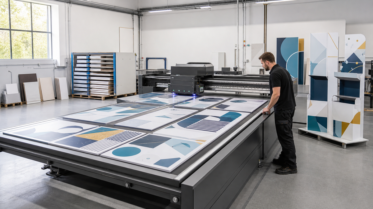 UV flatbed printer producing printed display and exhibition panels for retail environments